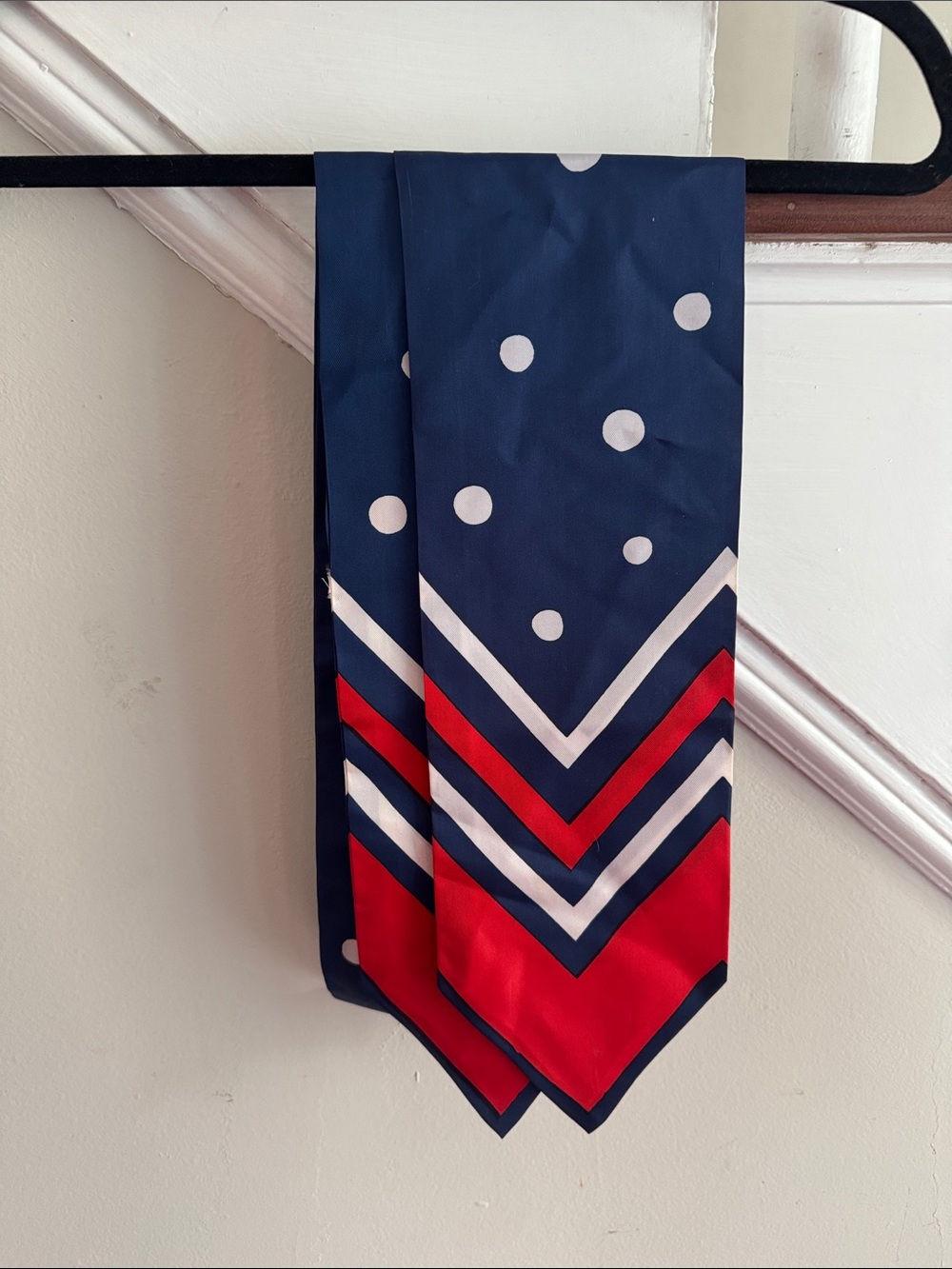 Navy Polka Dot & Chevron Silk Scarf with Red Accents